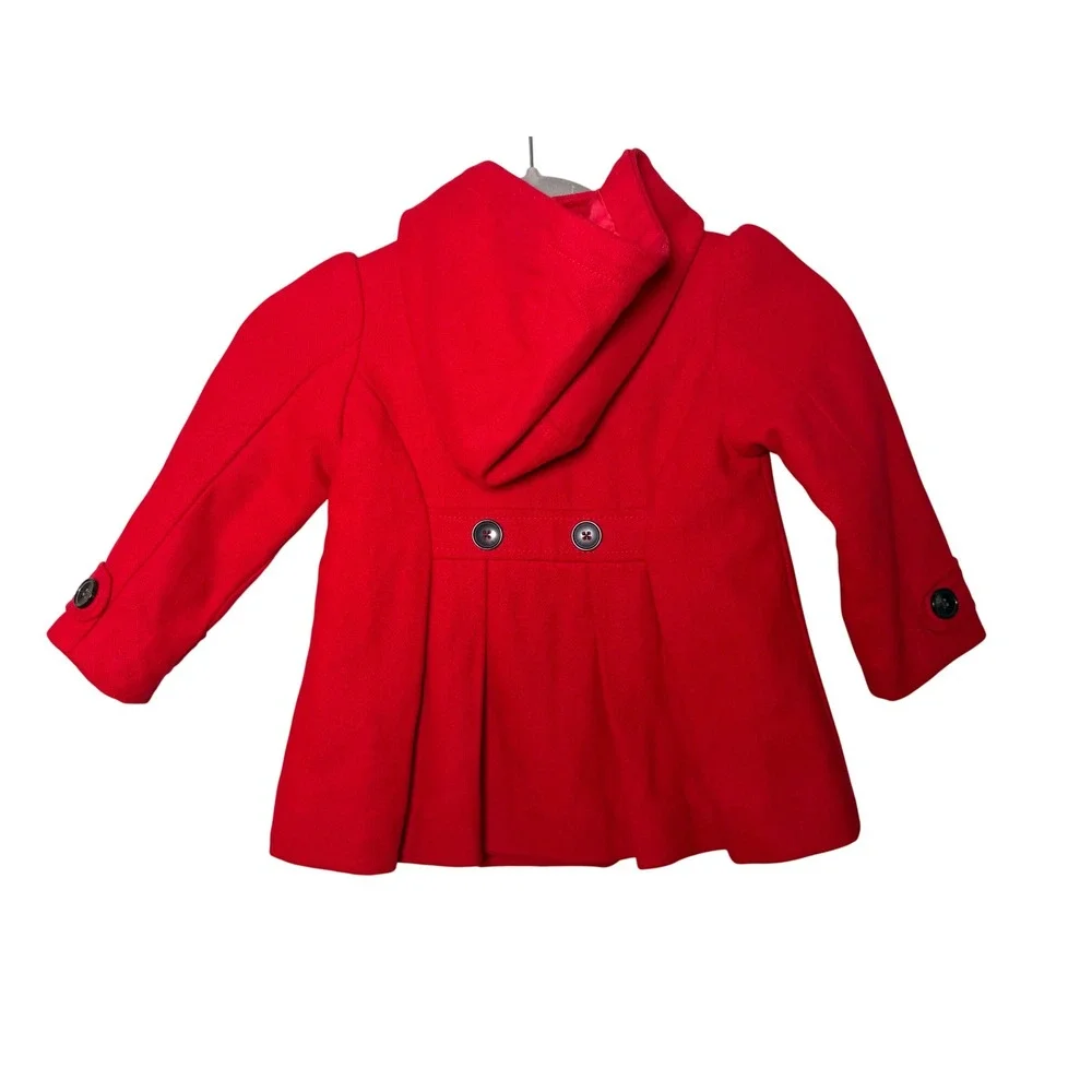 Old Navy Girls 3T Red Wool Blend Hooded Peacoat Double Breasted Jacket EUC